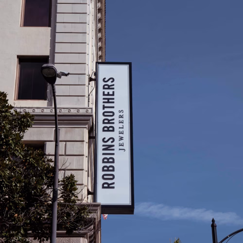 Robbins Brothers store sign on the exterior of the Pasadena headquarters and flagship showroom
