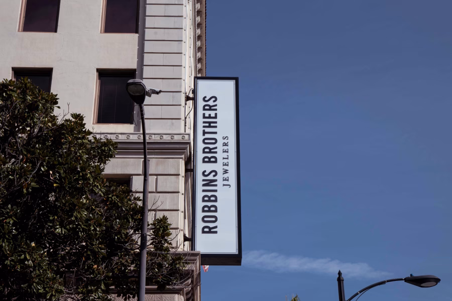 Robbins Brothers store sign on the exterior of the Pasadena headquarters and flagship showroom